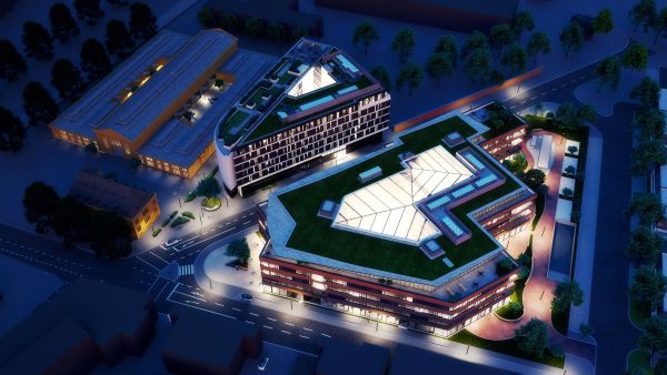 Blick auf den Campus bei Nacht